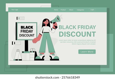 Landing page Black Friday Discount illustration. A woman is holding a megaphone