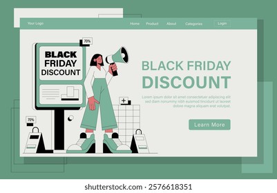 Landing page Black Friday Discount illustration. A woman is holding a megaphone