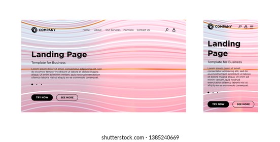 Landing page blank template desktop PC and mobile adaptive version. Minimal geometric background. Dynamic volume lines composition. Vector design for business corporate website or app. EPS 10