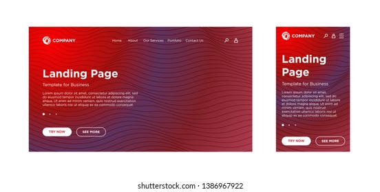 Landing page blank template desktop PC and mobile adaptive version. Minimal geometric background. Dynamic volume lines composition. Vector design for business corporate website or app. EPS 10