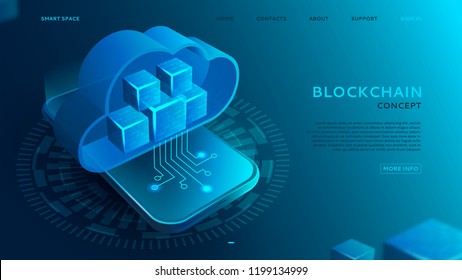 Landing page with Blockchain concept. 3d abstract digital cloud and blocks or cubes constructs database. Technology banner with realistic blocks on the smart phone. Vector illustration.