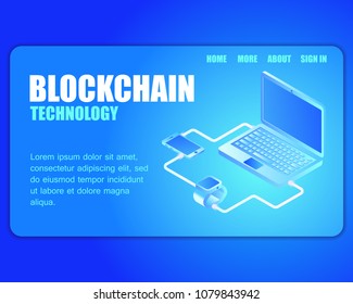 Landing page blockchain technology. Vector illustration isometric storage blockchain on phone, watch and laptop. Concept digital data