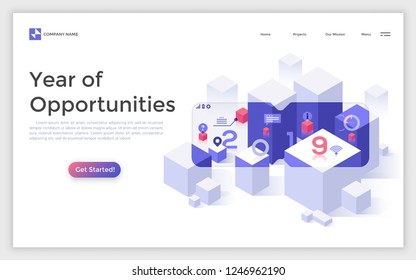 Landing page with blocks and 2019 number seen with VR software and place for text. Year of opportunities in virtual reality technology. Isometric vector illustration for online service advertisement.