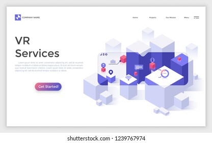 Landing page with blocks or cubes seen with VR software and place for text. Creative isometric vector illustration for virtual or augmented reality online service advertisement, internet promotion.