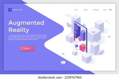 Landing page with blocks seen through smartphone with augmented reality mobile application and place for text. Modern isometric vector illustration for app or service advertisement, promotion.