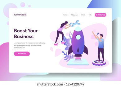 landing page Boost Your Business vector illustration concept, a woman who fixes rockets using keys, can be used for, landing pages, templates, UI, web, mobile applications, posters, banners.