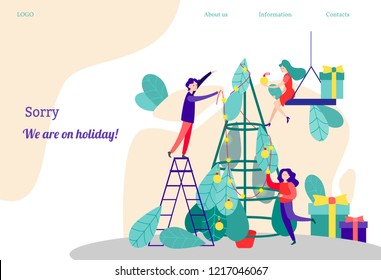 Landing page, a break for the holidays. Vector illustration of the new year in the office. Colleagues decorate the Christmas tree.  Corporate spirit and teamwork concept, new year celebration party.