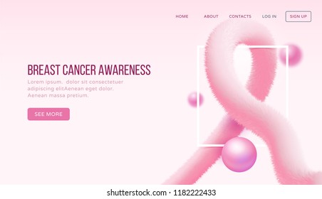 Landing page for breast cancer awareness with symbol made in form of realistic pink fluffy tinsel and pearl. Vector illustration