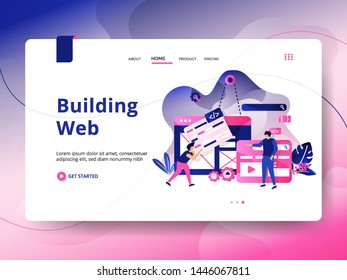 Landing page Building Web, the concept of people carrying web boards, can be used for landing pages, web, ui, banners, templates, backgrounds, flayer, posters - Vector
