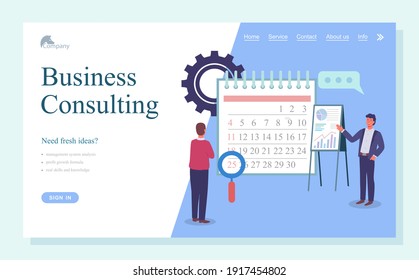 Landing page business consulting site. Huge calendar with magnifying glass. Number 25. Big concept gear. Man points to stand with analytical data. Planning, counseling. Flat vector illustration