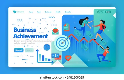 Landing page business design with illustration of flat carton and icon. Achieve or archery the company business target. Can use for landing page, Website, UI UX, Web, Mobile App, Poster, Marketing, ad