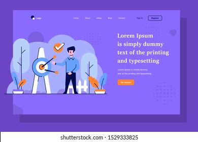 Landing Page Business and finance man doing presentation targeting target market business goals flat and outline design style