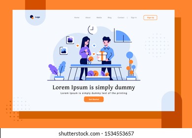 Landing Page Business finance man women giving gifts getting prizes customer flat and outline design style