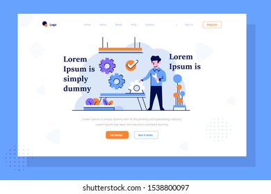 Landing Page Business finance man doing improvement regulation arrangement management setting strategy flat outline design style