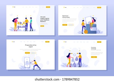 Landing Page Business and finance Vector Illustration flat gradient design style, money growth, saving money in wallet, tax payment, money changer euro to dollar