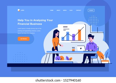 Landing Page Business a man and woman doing analysis presentation and analyze development graph chart diagram discussion flat and outline design