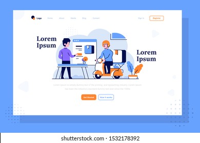 Landing Page Business marketplace people order some stuff in application the Courier deliver item with motorcycle flat and outline design style