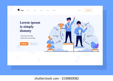 Landing Page Business people have winner the championship competition best and get medal trophy flat and outline design style
