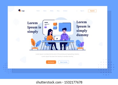 Landing Page Business people news anchor host a tv show video content creator flat and outline design style