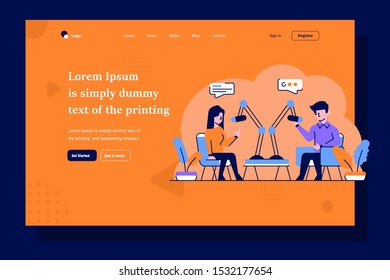 Landing Page Business people Podcast doing conversation sharing experience talk content creator flat and outline design style