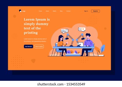 Landing Page Business people Radio Broadcast Podcast doing conversation talk content creator flat and outline design style
