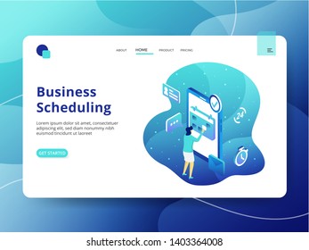 Landing Page Business Scheduling, the concept of a woman making a schedule in front of a smart phone, can be used for landing pages, web, ui, banners, templates, backgrounds, posters - Vector