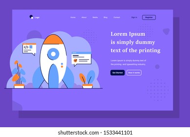 Landing Page Business startup developer starting a business rocket development setting flat and outline design style