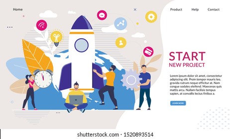 Landing Page with Business Startup New Idea Flat Design. Cartoon Men and Women Characters Team Working in Creation Innovation Product and Launching Metaphor Spaceship. Vector Illustration