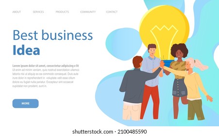 Landing page of business website. Best business idea webpage. Cohesive colleagues stand and discuss creative solutions and ideas. Co working people, team giving high five to each other, greeting