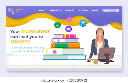 Landing page of business website. Your knowledge can lead you to success. Online business courses or training. Stack of books, smiling consultant at site. Educational website. Operator with headset