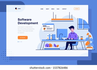 Landing Page business worker doing job work in office finish assignments task in computer employee employer flat and outline design style