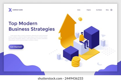 Página de aterrizaje con el hombre de negocios con el ordenador portátil sentado en la columna del gráfico con la flecha ascendente. Concepto moderno de estrategia de negocios Ilustración vectorial isométrica. Planificación del crecimiento de la Empresa 3d