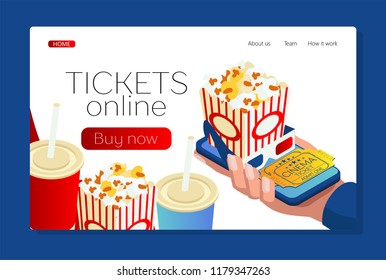 Landing page buying tickets online. Online cinema. Hand with a smartphone, popcorn and cola. Isometric 3d