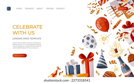 Landing page with cake, champagne, cupcake, gifts, caps, confetti, balloons. Birthday party, celebration, holiday, event, festive, festive, bakery, tasty food concept. Vector for banner, website.