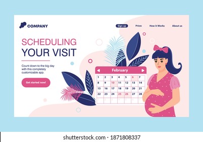 Landing page with a calendar for planning a visit for a consultation with a doctor. Medical appointment for a pregnant girl. Vector illustration