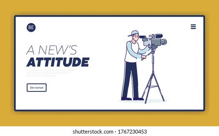 Landing page with cameraman shooting reportage using professional camera on tripod looking through camcorder. Cartoon video operator filming show. News backstage concept. Linear vector illustration