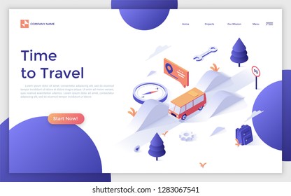 Landing page with camper van riding along highway and place for text. Adventure travel, automobile tourism, road trip. Isometric vector illustration for touristic service website, advertisement.