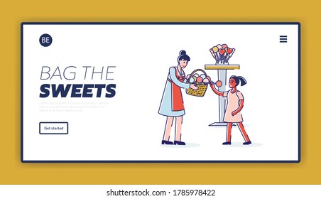 Landing Page With Candy Shop Female Owner Treating Little Girl With Lollipop. Little Schoolgirl Gets Sweets On Stick In Confectionary Shop. Cartoon Linear Vector Illustration