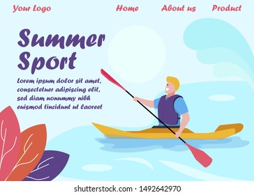 Landing Page with Canoeist Promoting Summer Sport. Kayak or Canoe Rowing Advertisement. Water Outdoor Activities. Cartoon Man Rower Paddling Boat, Shooting Rapids on River. Vector Flat Illustration