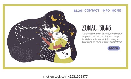 Página inicial com signo do zodíaco de capricórnio, horóscopo feminino de avatar. Personagem mulher moderna, personalidade astrológica elegante. Moça da moda com chifres, cordeiro, cabra. Ilustração vetorial gráfica plana.