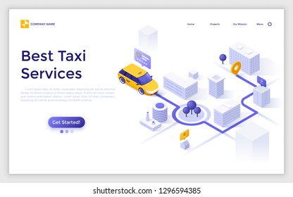 Landing page with car or cab on city map, departure and destination points, route indication and place for text. Creative isometric vector illustration for taxi service advertisement, promotion.