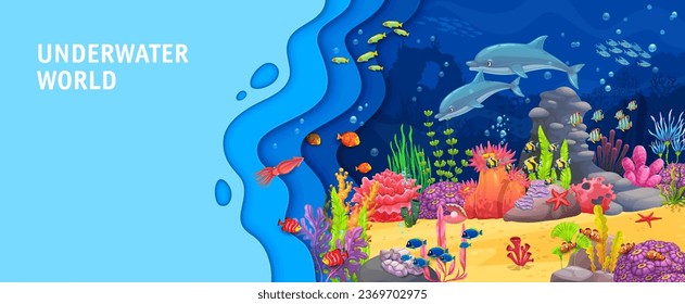 Landing page with cartoon dolphins in sea, paper cut underwater landscape, vector website template. Ocean or undersea papercut landscape background with coral reef fishes and seaweeds for landing page