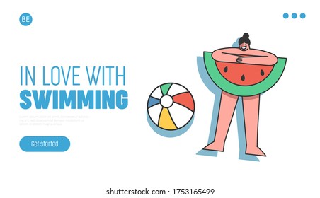 Landing page with cartoon girl in swimming pool sunbathing on inflatable mattress relaxing and tanning, top view. Summer vacation relaxation concept. Flat vector illustration