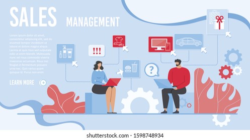 Landing Page with Cartoon Man and Woman Team Working on Laptop Developing Sales Management. Effective Business Solution for Company Financial Growth and Revenue. Vector Flat Illustration