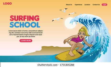 landing page of cartoon surfing school concept