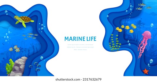 Landing page cartoon tropical sea paper cut landscape with turtle, seaweeds, fish shoal and starfish. 3d vector web banner with vibrant underwater world, complete with colorful marine life and scenery