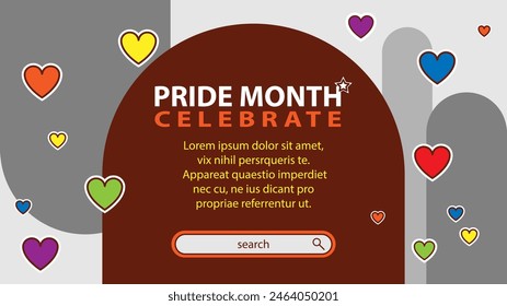 Landing page celebrating LGBT Pride month in June. Lesbians, gays, bisexuals, transsexuals. LGBT flag and heart. Rainbow love concept. Human rights and tolerance. Poster, postcard, banner.