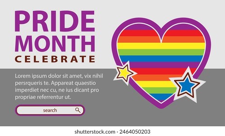 Landing page celebrating LGBT Pride month in June. Lesbians, gays, bisexuals, transsexuals. LGBT flag and heart. Rainbow love concept. Human rights and tolerance. Poster, postcard, banner.