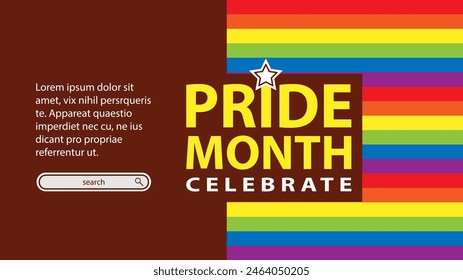 Landing page celebrating LGBT Pride month in June. Lesbians, gays, bisexuals, transsexuals. LGBT flag and heart. Rainbow love concept. Human rights and tolerance. Poster, postcard, banner.