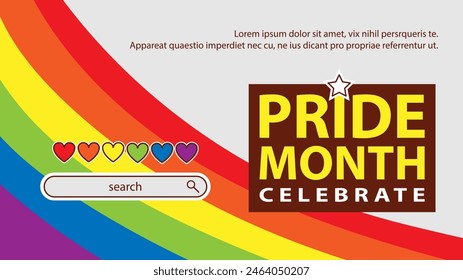 Landing page celebrating LGBT Pride month in June. Lesbians, gays, bisexuals, transsexuals. LGBT flag and heart. Rainbow love concept. Human rights and tolerance. Poster, postcard, banner.